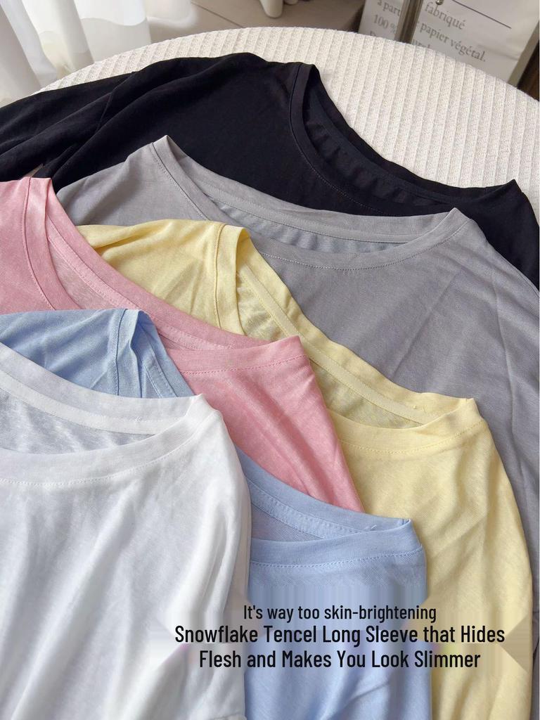 Women's Lyocell Tencel Long Sleeve Round Neck Loose Knit Sunscreen Cover-Up Top