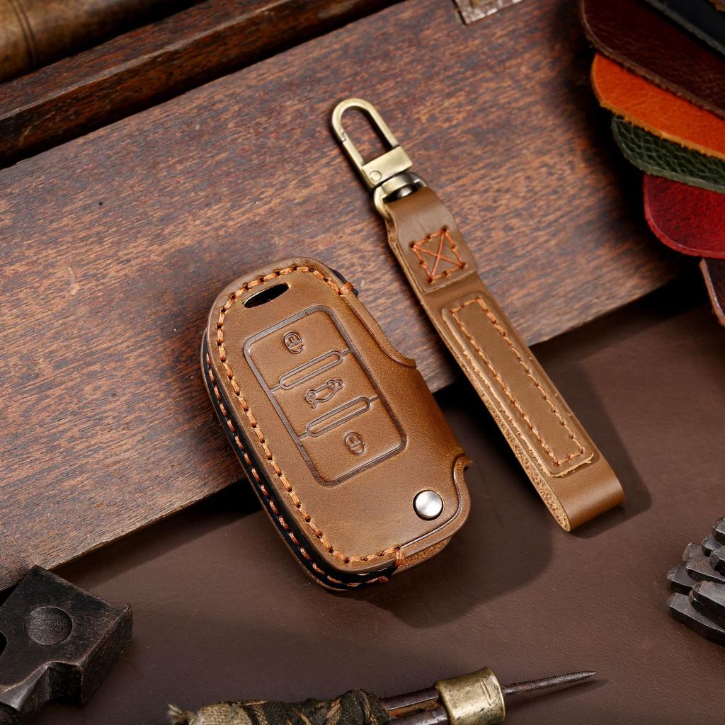 Leather key bag is suitable for Volkswagen key cover folding special protection car key cover genuine leather