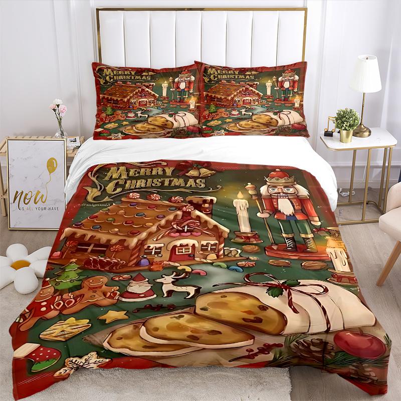 3pcs Christmas Gingerbread House Bedding Set with One Quilt Cover and Two Pillowcases (No Core) - Festive Decorative Duvet Cover Set for Bedroom and G