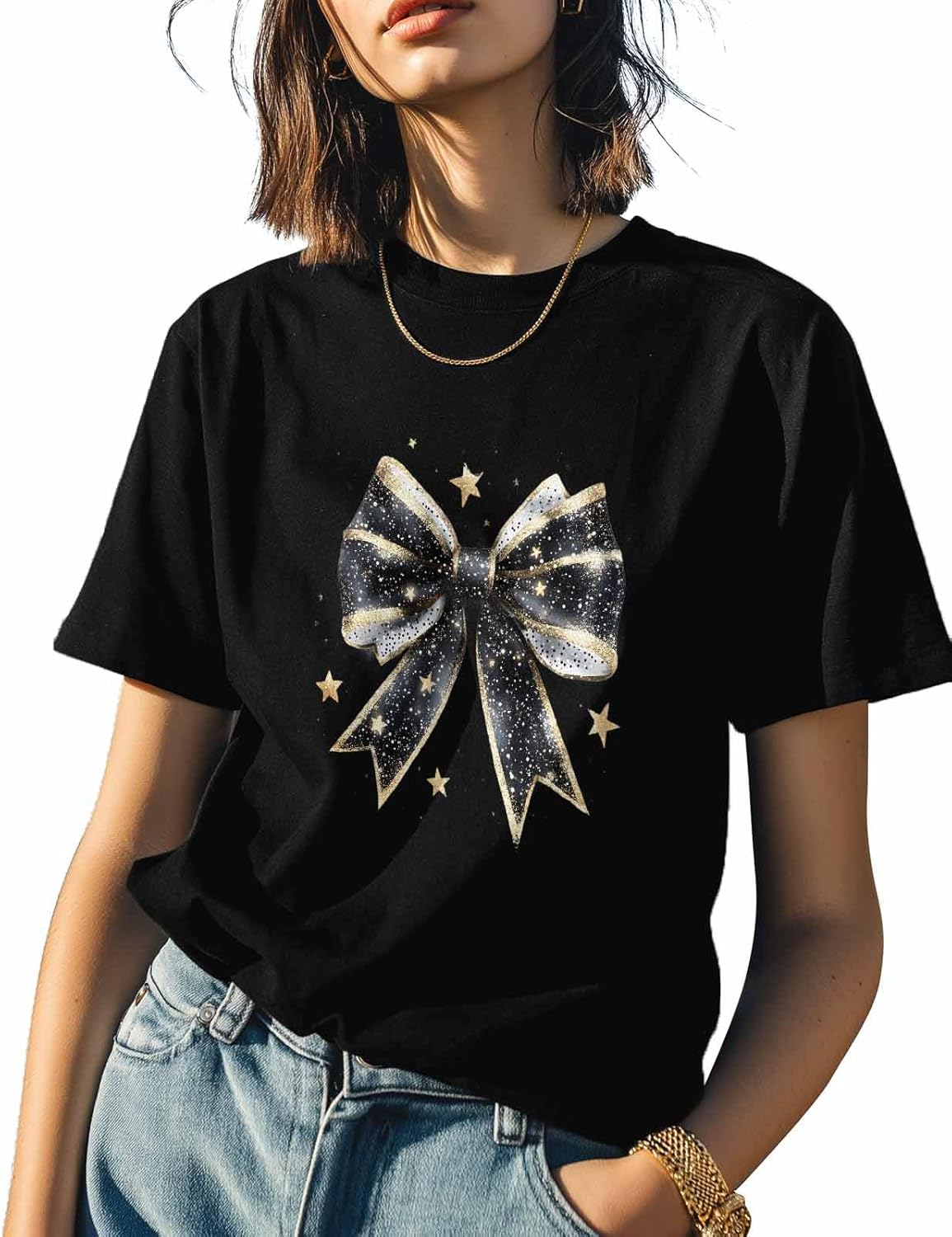 

T Shirts for Women Graphic Tees Black Gold Bow Crew Neck Short Sleeve Shirts for Women Star Shine Casual T-Shirt S разноцветный