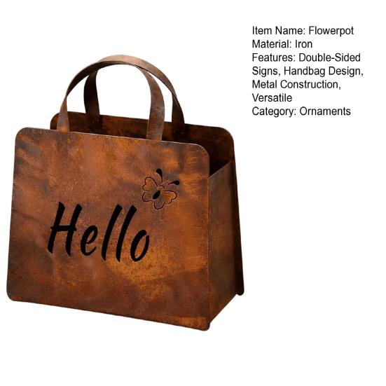Rustic Metal Handbag Planter with Double-Sided Hello and Welcome Signs, Farmhouse Wall Mount Flower Pot, Vintage Hanging Purse Shaped Succulents