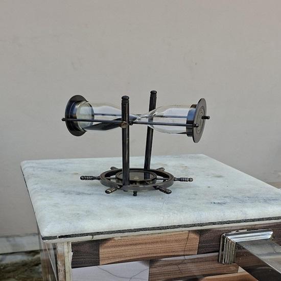 Brass Hourglass Sand Timer Hanging Nautical Timer with Compass Wheel Base