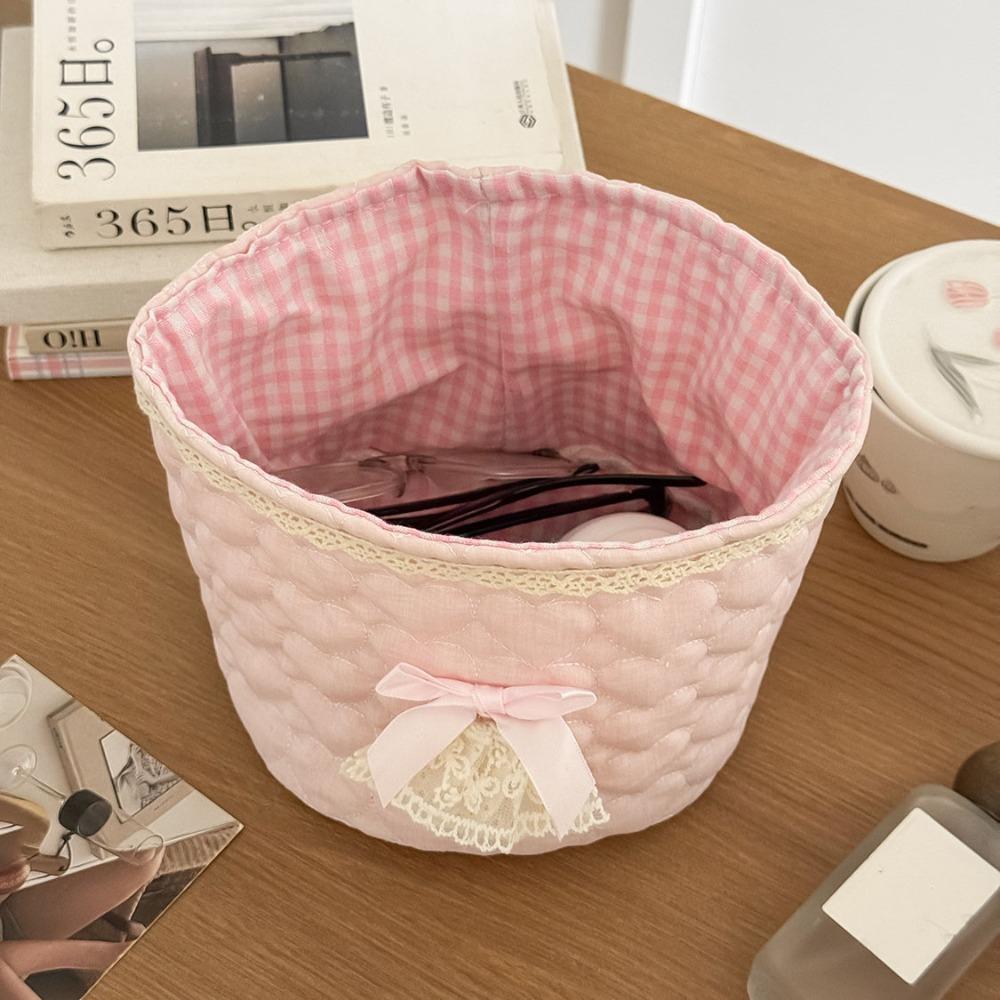 Cute Love heart Storage Box Quilting Cotton Bow Desktop Storage Basket Large-capacity Round Storage Frame Home Decoration
