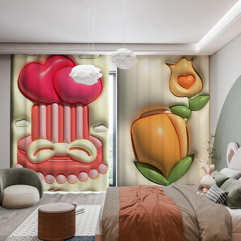 Custom Modern Simple High Shading Curtain Cartoon Pink Love Tulip Ins 3D Children's Room Bedroom Bay Window Thick Blackout Drape