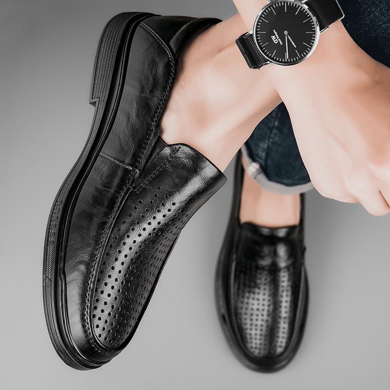 Men's 2025 New Genuine Leather Slip-On Casual Black Shoes - Breathable and Business-Ready