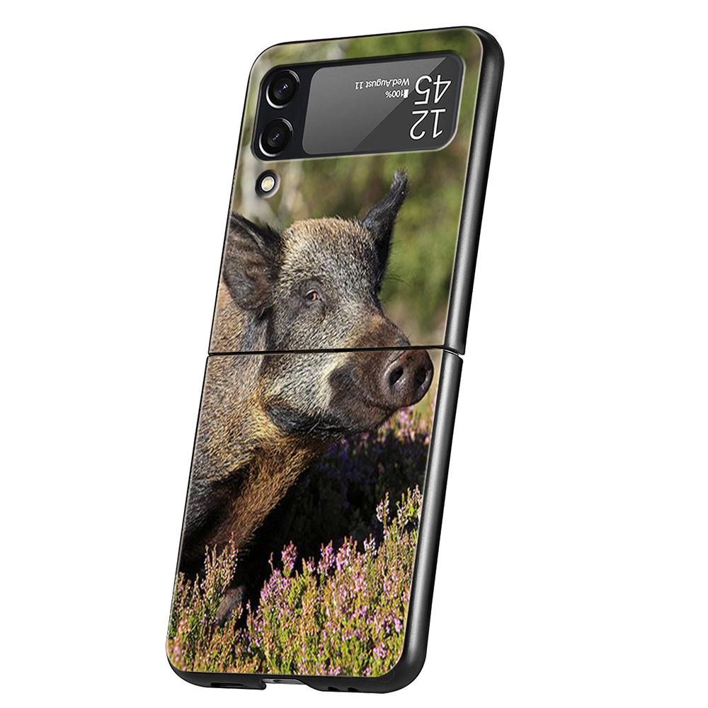 Luxury Phone Case For Samsung Galaxy Z Flip 3 4 5 6 Hard Black Folding PC For Samsung Z Flip3 Flip4 Flip5 Cover Animal Wild Boar