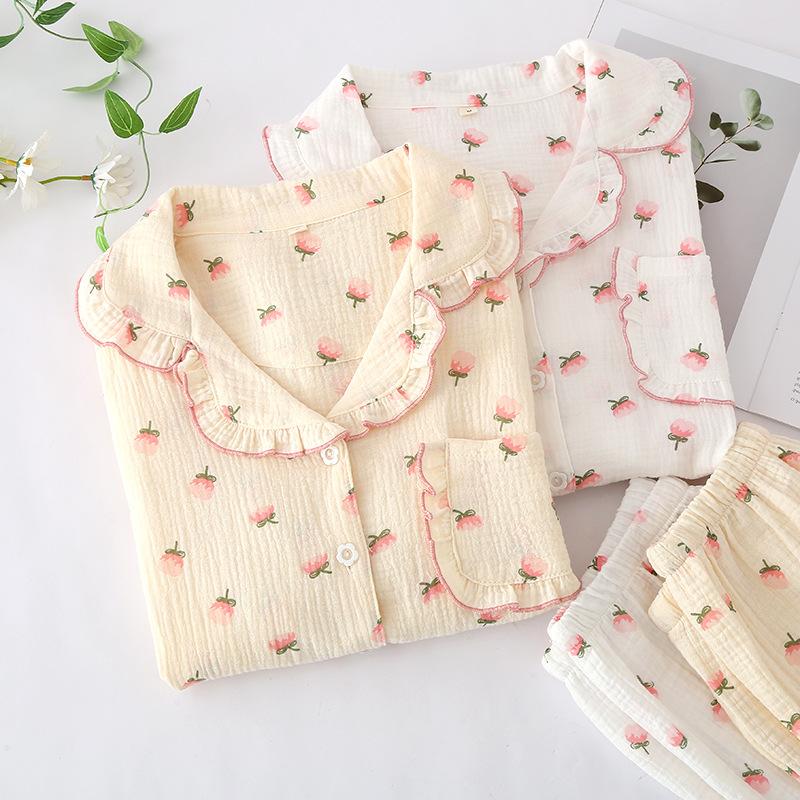 Crepe cotton seersucker women's summer short-sleeved shorts fungus lace collar pajamas set loungewear