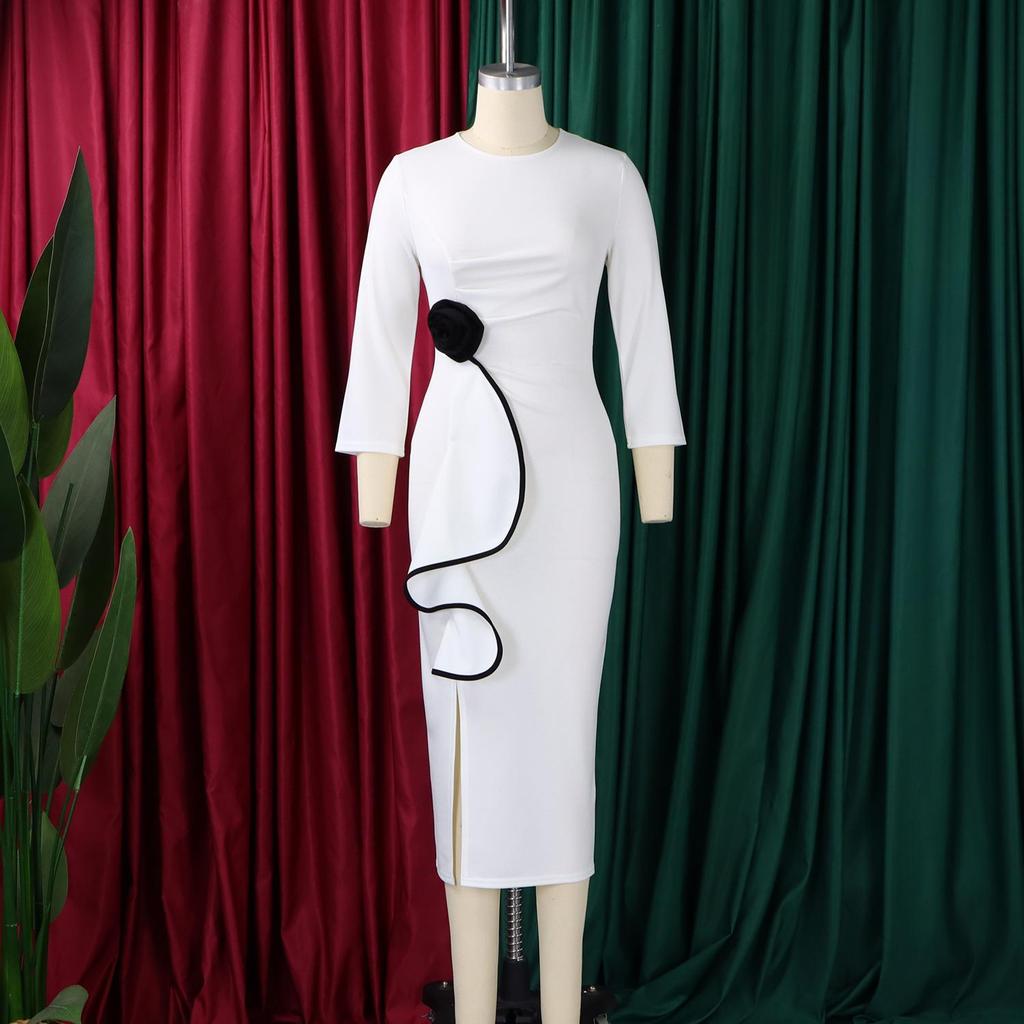 D612 Women's Winter 2025 Elegant Ruffle Bodycon Slit Dress