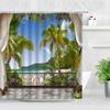 Tropical Landscape Shower Curtain 3D Open Window Ocean Beach Starfish Shell Palm Tree Scenery Waterproof Bathroom Decor Curtains