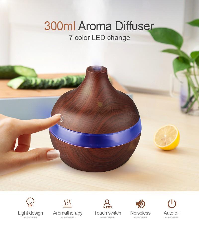 300ml USB Aroma Diffuser and Humidifier with Wood Grain Design and Silent Operation