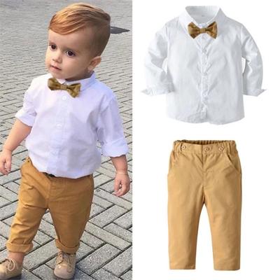 Zweiteiliger Gentleman-Anzug für kleine Jungen, einfarbiges, weißes Hemd mit Knöpfen, langen Ärmeln und Schleife, lange Hose mit elastischem Bund
