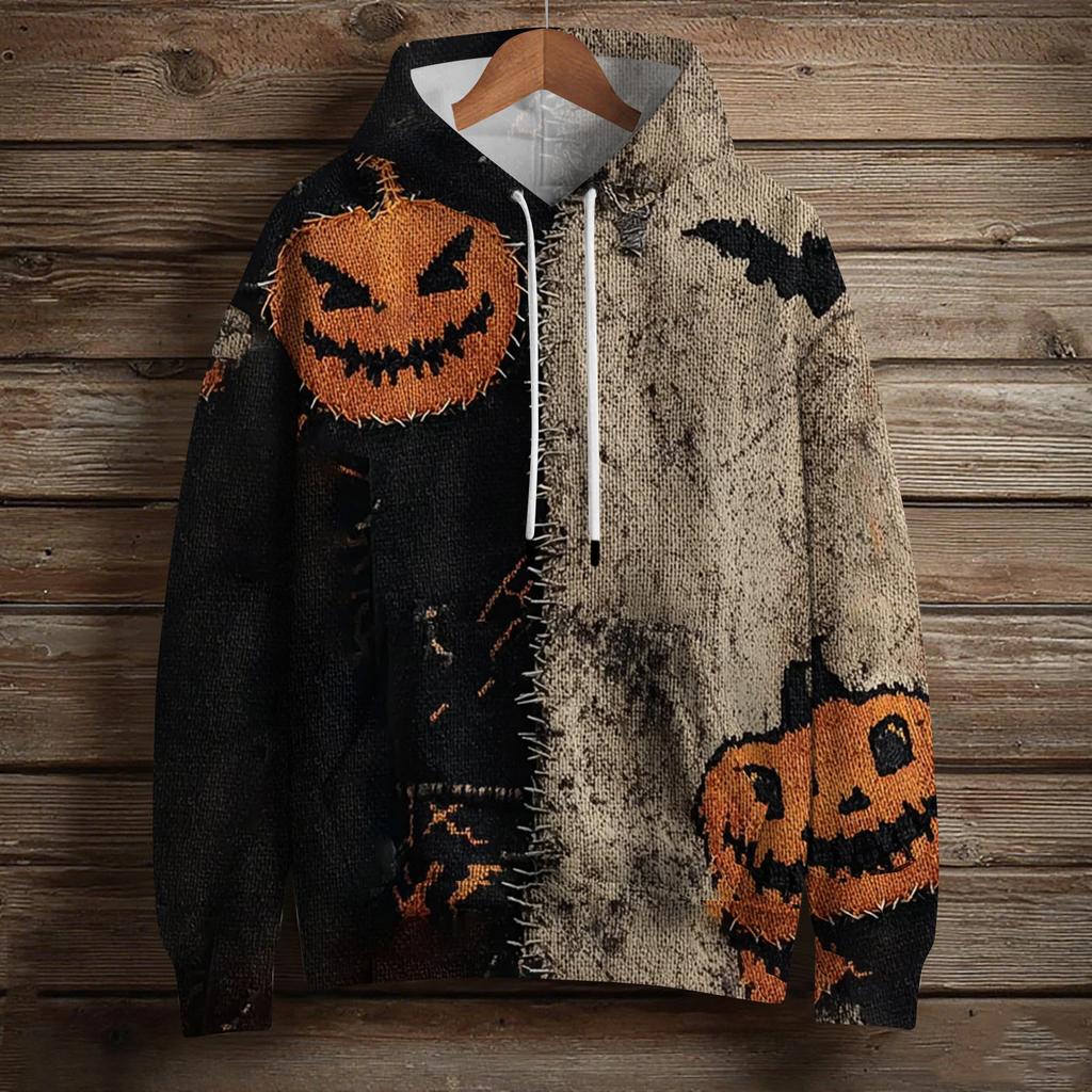 Mote langermet genser for kvinner med Halloween-trykk, hette og lomme