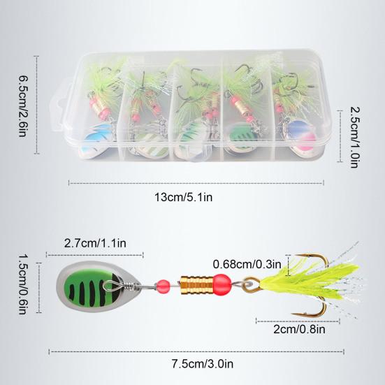 10Pcs 7.5CM/3G Spinner Blade Lure with Hook Feather Hard Metal Spinnerbait Rotating Sequin Lure Saltwater Freshwater Walleye Bass Fishing Accessories