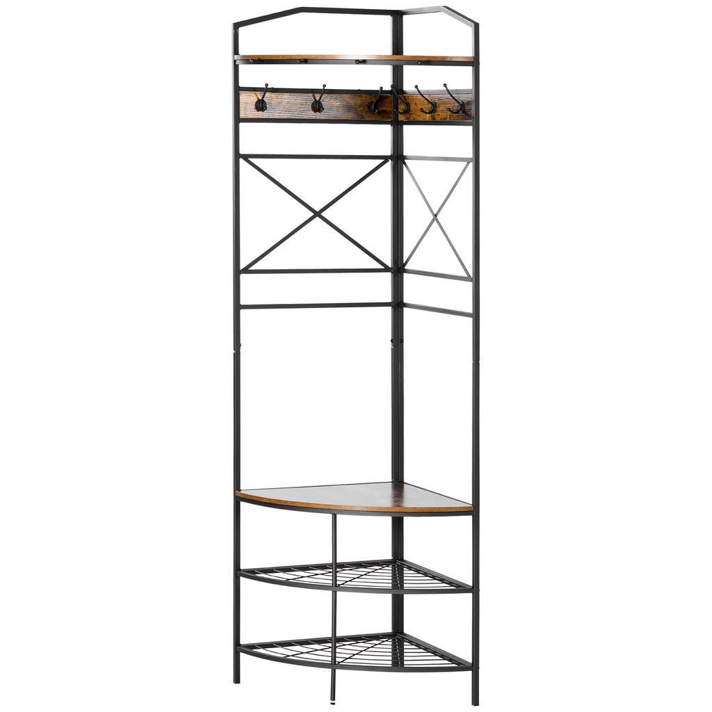Corner Floor Coat Rack with Bench and Shoe Rack In Industrial Style, 50x50x183cm, Brown