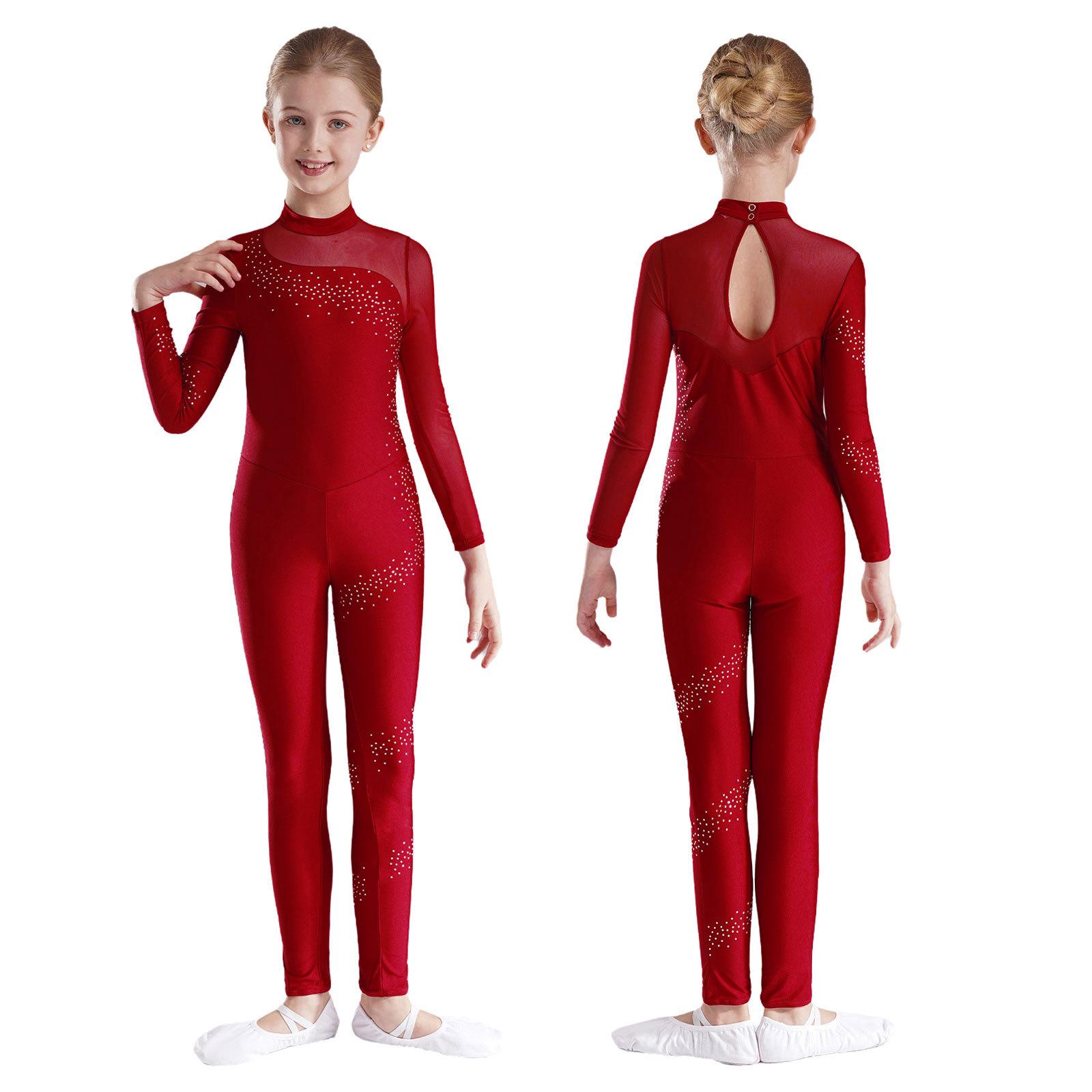 IEFiEL Kinderen Meisjes Strass Lange Mouwen Full Body Jumpsuit Romper Leotard Unitard voor Ballet Dans Gymnastiek 9-10 Years bordeaux