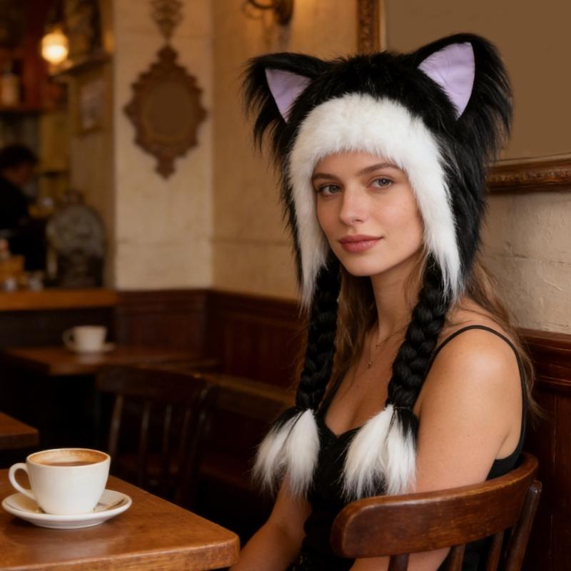 Soft Furry Animal Ear Hat with Braids for for Women and Girls Cartoon Earflap Hat Cosplay Winter Party and Themed Event
