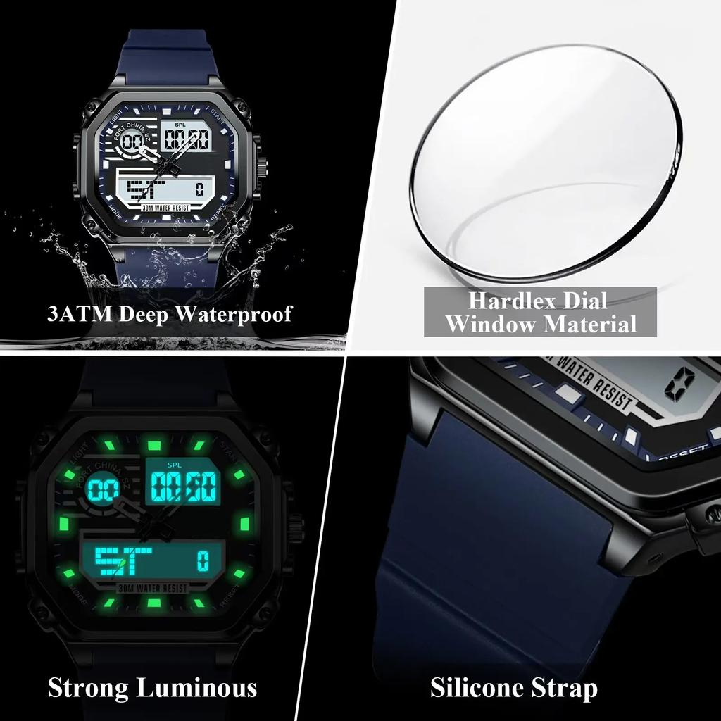 Sports LED Men Watch Waterproof Luminous Week Date Square Wristwatch Silicone Strap Electronic Quartz Watches