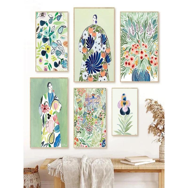Boho Woman Flower Garden Green Tone Canvas Painting  Nordic Posters  Prints Wall Art for Living Room Home Decor