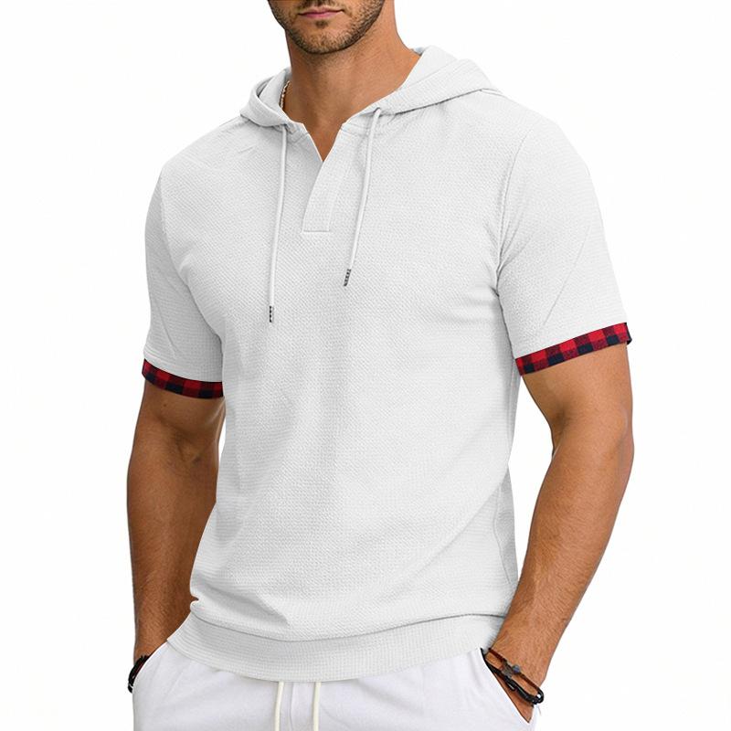 Men's Hooded T-Shirt Short Sleeve Contrast Plaid Cuff Drawstring Breathable Casual Pullover Tops Summer Hooded Tees Men