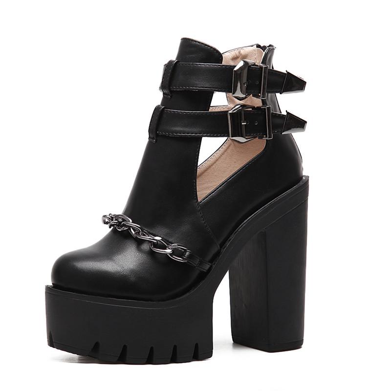 Sexy Ankle Boots Women High Heels Casual Cut-outs Buckle Round Toe Chain Thick Heels Platform Shoes