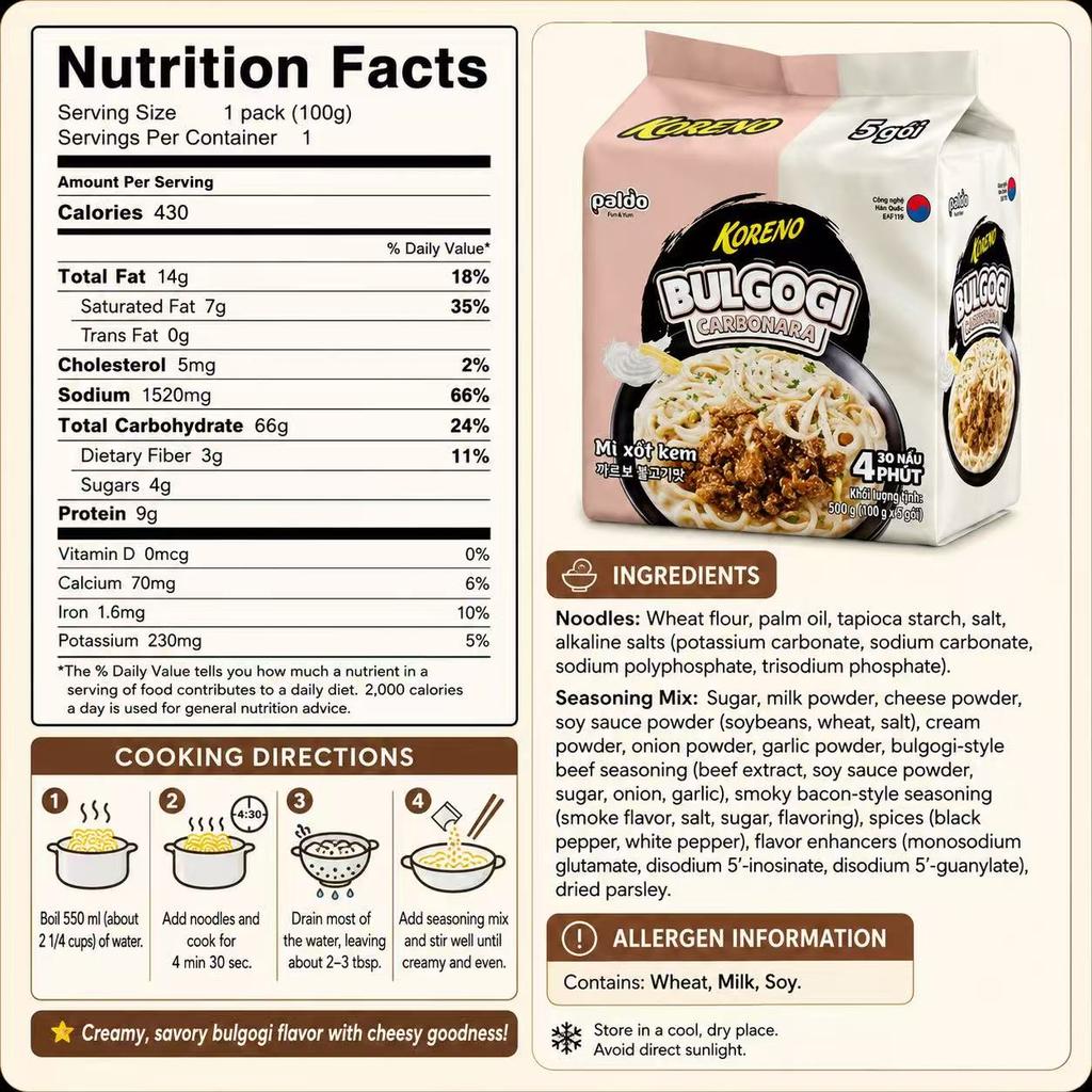 PALDO Noodle Saltati Gusto Panna e Bacon Multi-Confezione 100g*5 | Gusto Ricco Panna e Bacon, Consistenza Elastica dei Noodle, Cibo Istantaneo Conveniente