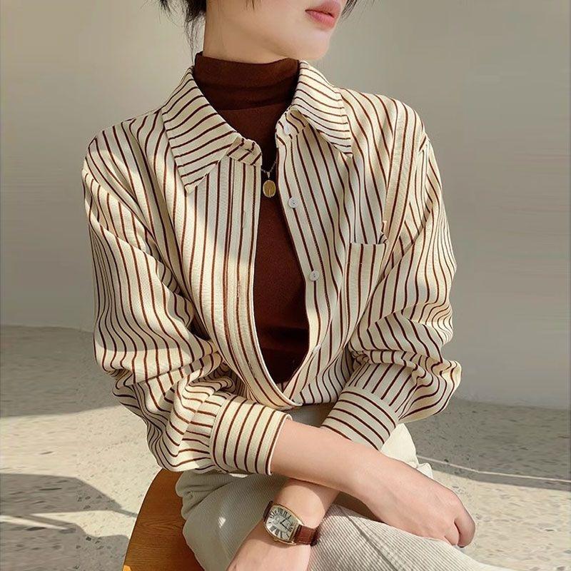 

Дизайнерская Повседневная Новая Полосатая Рубашка с Длинным Рукавом Весенне-Осенние Топы Универсальная Свободная для Повседневной Носки M кофейный