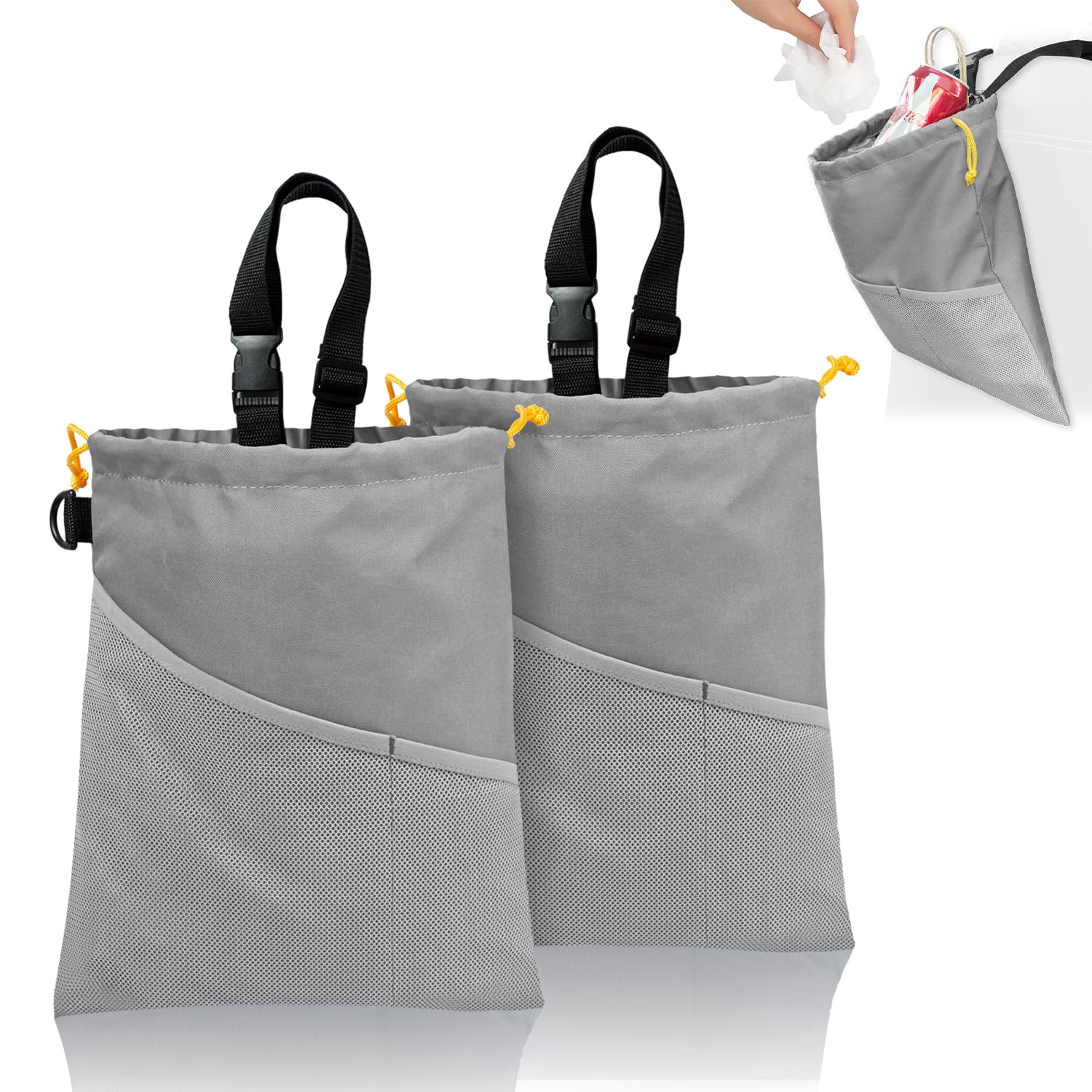 

WISEPRO Автомобильный мусорный бак Большой органайзер на шнурке с сеткой Портативный автомобильный мусорный бак Толстая ткань Оксфорд Сумка для хранения в автомобиле для заднего пассажира Набор из 2 сумок,