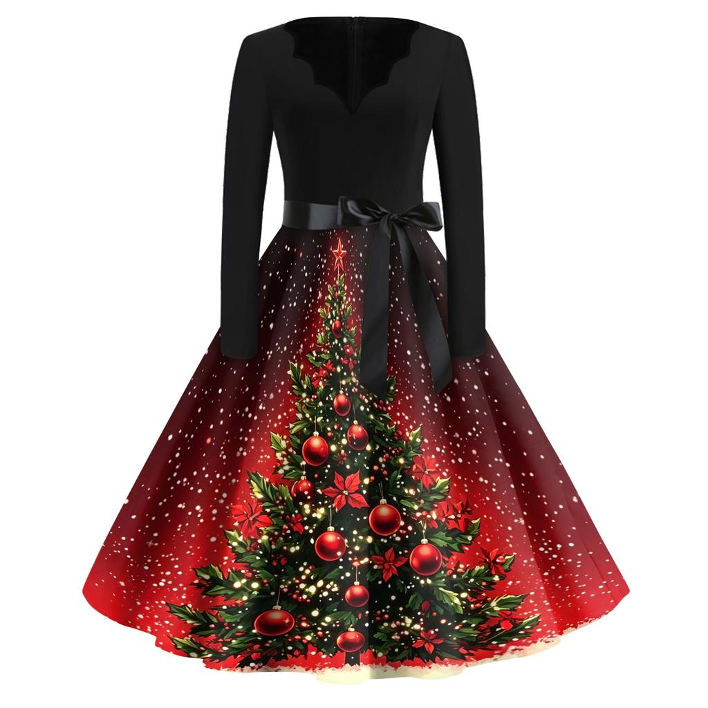 Women's Casual Christmas Print V Neck Vintage Dress for Holiday Party and Everyday Wear