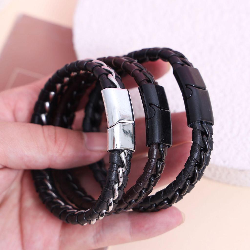 Men's Titanium Steel Woven Leather Bracelet: European-American Style, Korean Trend, Simple Bangle