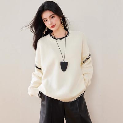 New Autumn and Winter Black and White Contrasting Color Edge Crew Neck Sweater, Simple and Versatile Loose Lazy Style Knitted Sweater
