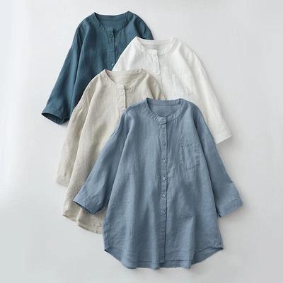 Summer Solid Color Shirt Stand-up Collar Seven-minute Sleeve Loose Japanese Women's Blouse Oversized Vintage Blouse