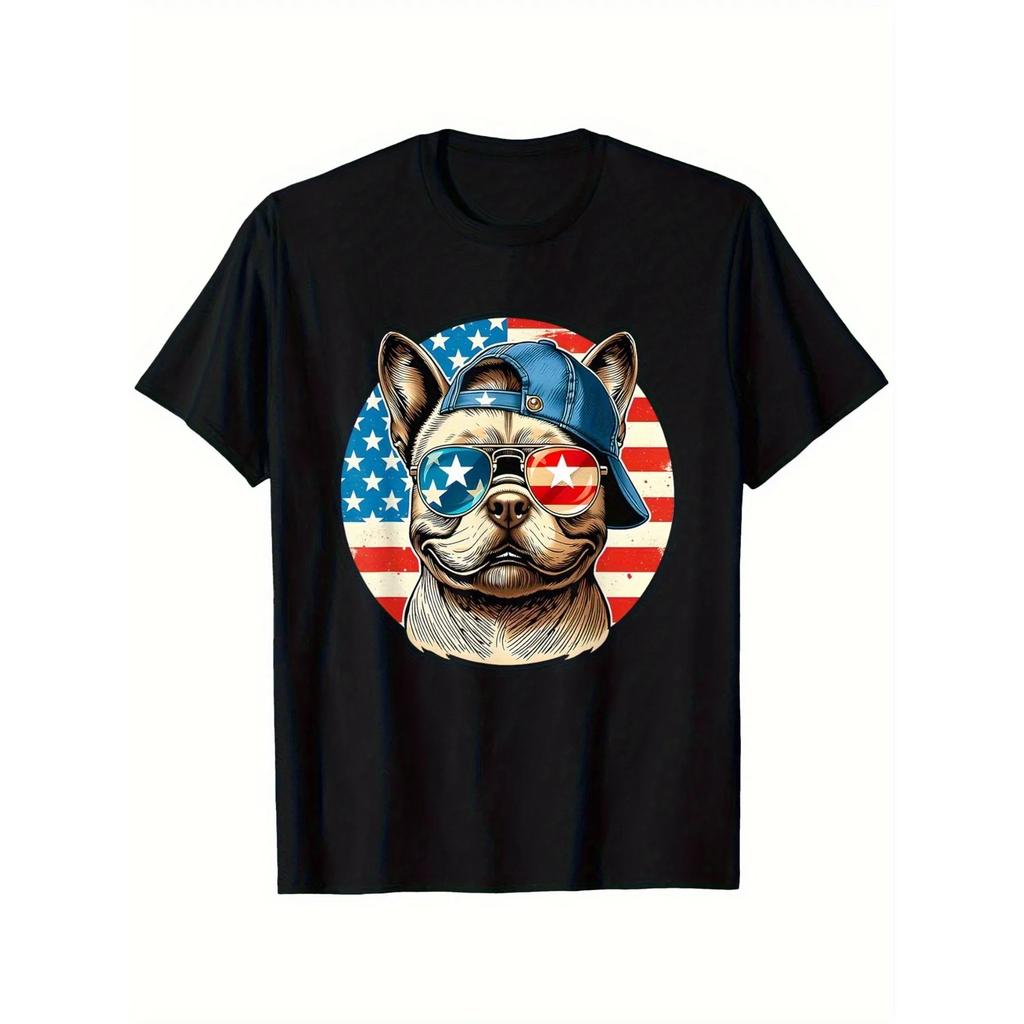Patriotic French Bulldog Graphic Tee Men's Cool 4th of July American Flag Print T-Shirt Casual Trip Wear