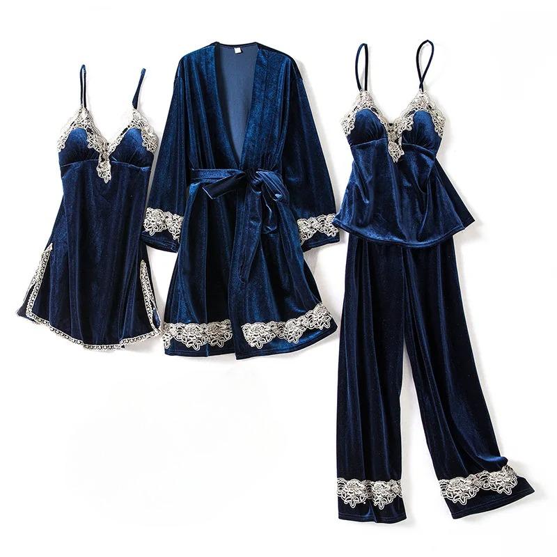 

Пижамный комплект из 4 предметов из бордового бархата, свадебный халат, ночная рубашка, осенне-зимняя женская пижама, сексуальная кружевная отделка, пижамный костюм, домашняя одежда 2XL