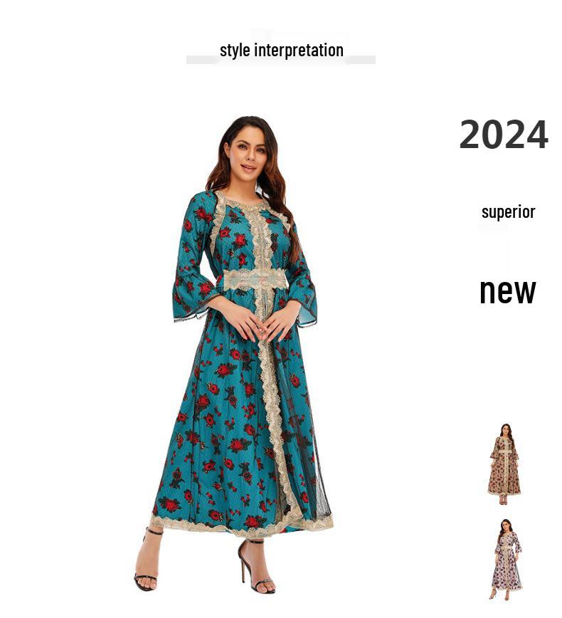 Yiduo Duo European-American Ethnic Print Embroidery Lace Mesh Muslim Dress 21275