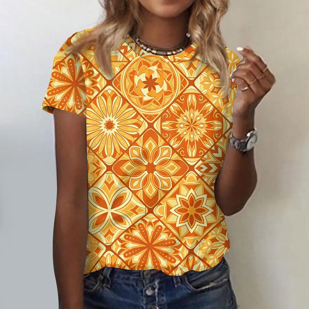 Women's Casual Loose Fit Short Sleeve Top Floral Geometric Print Lightweight Summer Tee Shirt for Everyday Wear