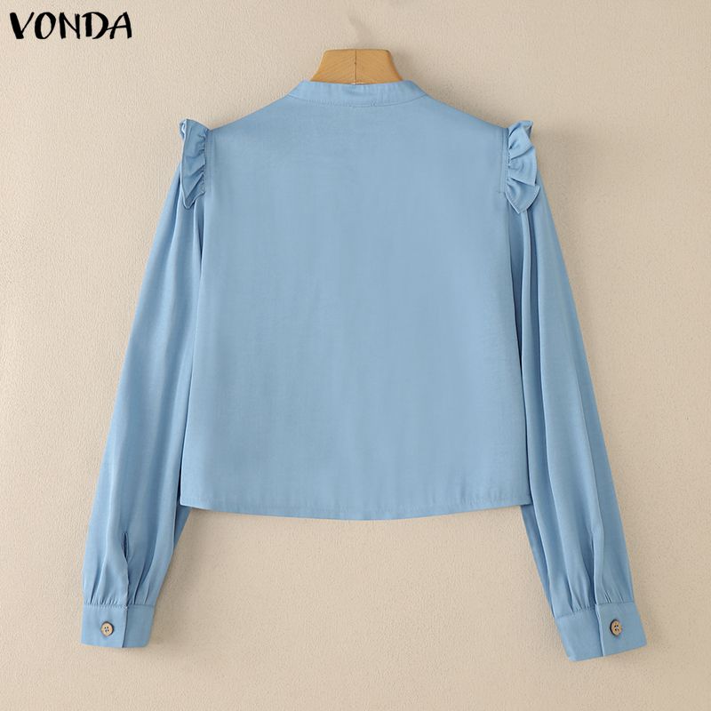 VONDA Elegant Women Long Sleeve Ruffled Plaid Blouse Shirts