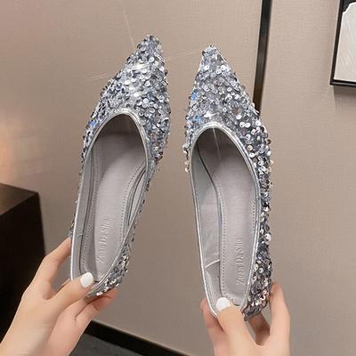 Fashion Glitter Silver Paillette Ballets Women Soft Soled Flats Pointed Toe Shoes Ladies Office Dress Slip On Ballerinas Brides Wedding