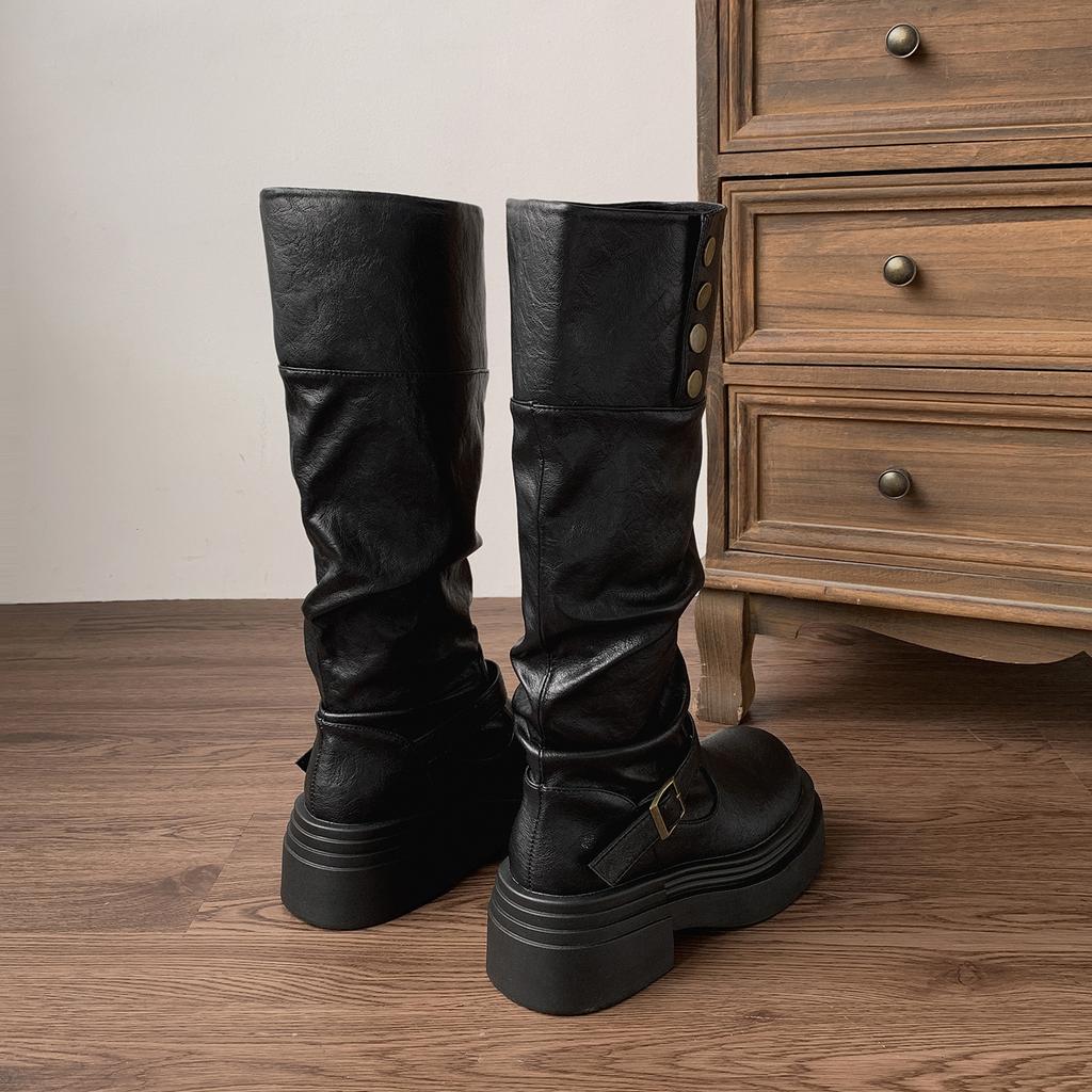 Retro Black Premium Platform Boots Women's Boots 2025 New Autumn Skinny Maillard Knight Boots