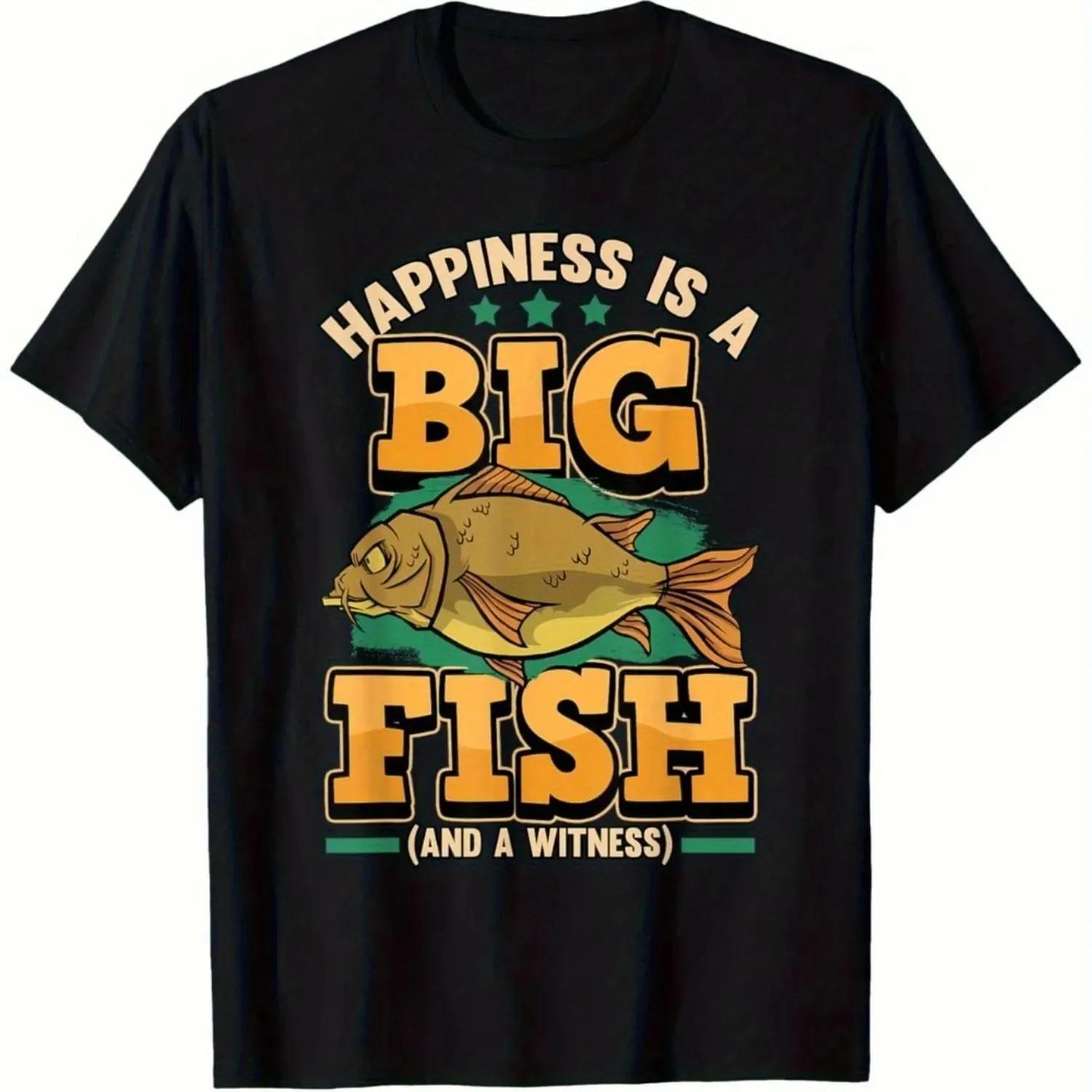 Happiness is a Big Fish Funny Fishing Graphic Tee for Unisex Cotton Crew Neck TShirt S