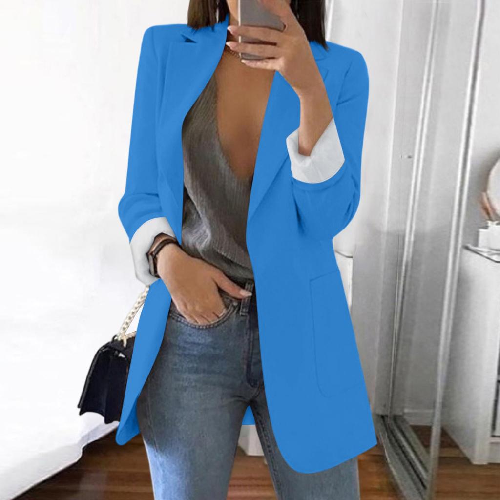 Women Solid Open Front Pockets Cardigan Formal Suit Long Sleeve Blouse Coat