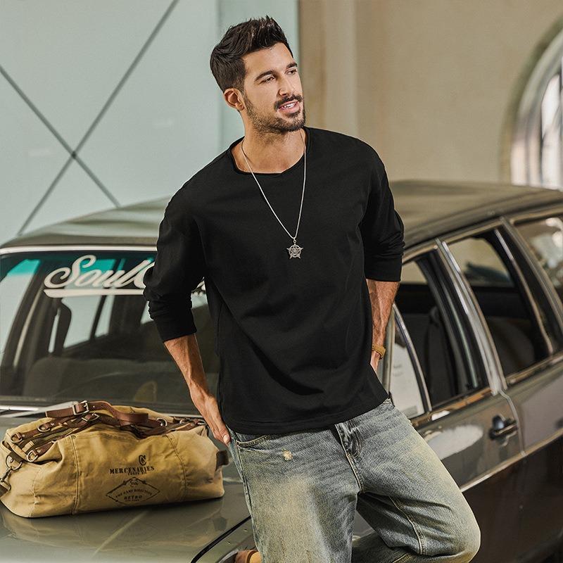 Men 100 Cotton Loose Long Sleeve Round Neck Casual Solid Vintage T Shirt