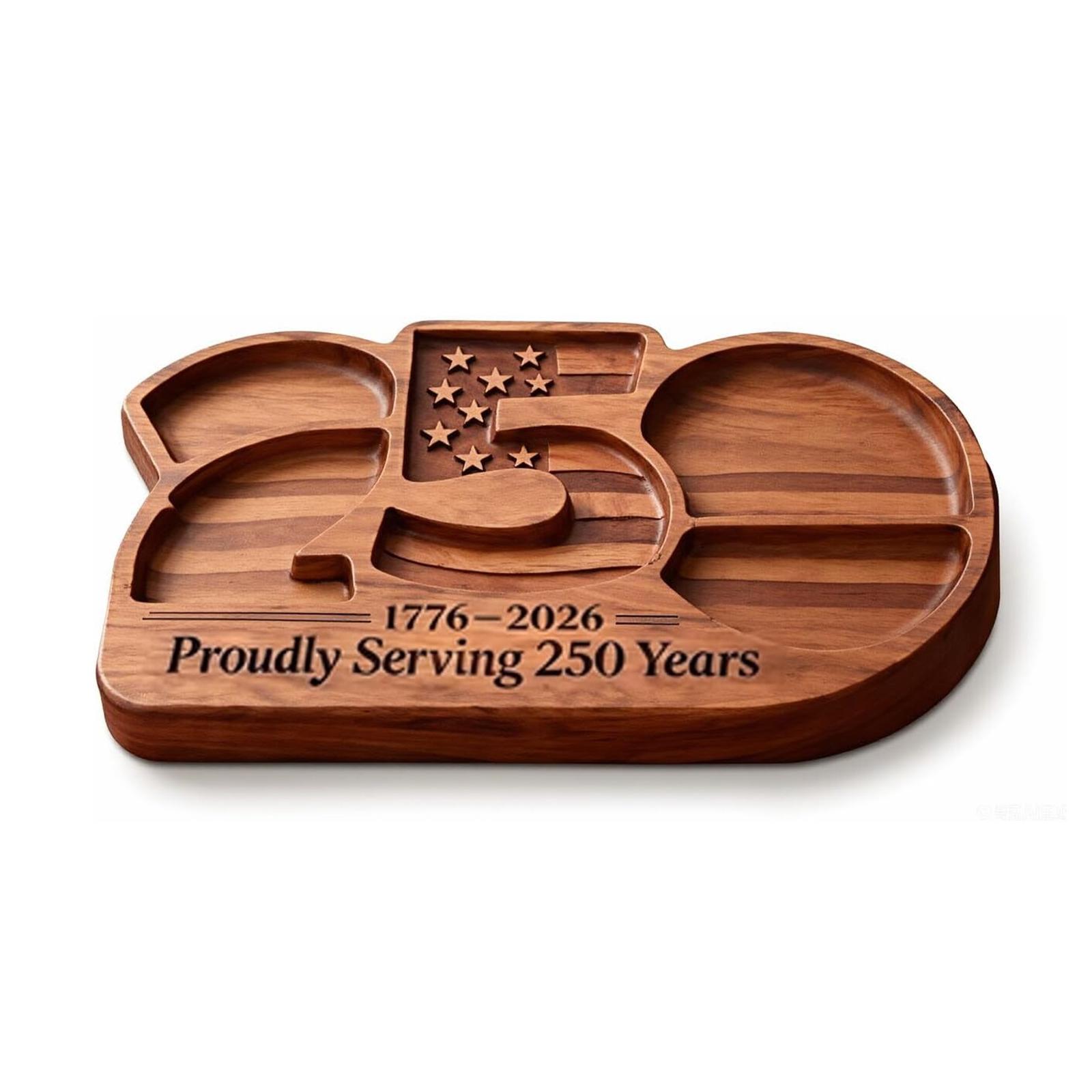 1776-2026 Wood Serving Tray Commemorative Design Snack Platter Waterproof for History Buffs Men Women and Patriotic Families