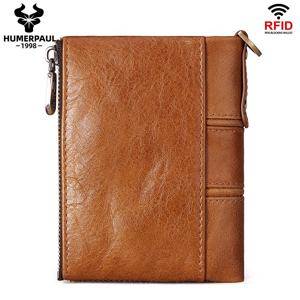 Humerpaul Genuine Leather Bifold Wallet For Men Slim RFID Blocking Credit Card Holder Credential Purse Zipper Coin Purse Male Money Bag
