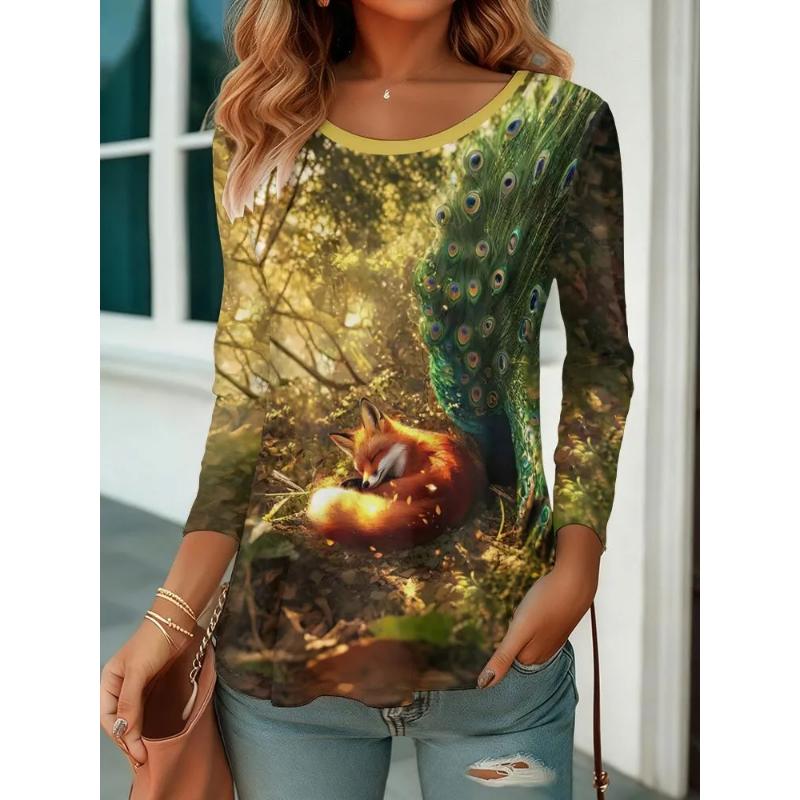 Fashion Women's Crew Neck Long Sleeve 3D Floral Color Printing Floral Long Sleeve Crew Neck T-Shirt