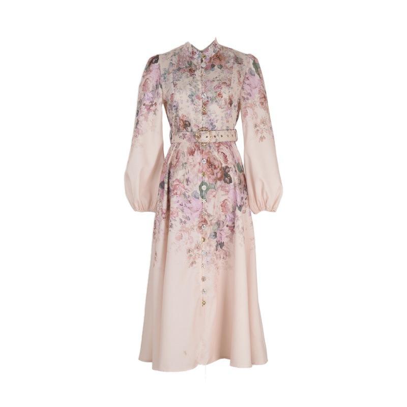 Spot French Retro Style Stand-up Collar Lantern Sleeve Single-breasted Positioning Printed Dress Spring and Summer New Long Dress