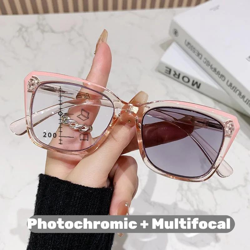 Fashion Square Full-Frame Photochromic Multifocal Reading Glasses Neutral Style High-Definition Blue Light Blocking Glasses +4.0