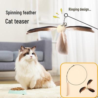 Jouet Chat Teaser à Manche en Bois avec Tête Rotative, Longue Tige en Acier, Design Moulin à Vent, Plume et Clochette pour Jeu Autonome.