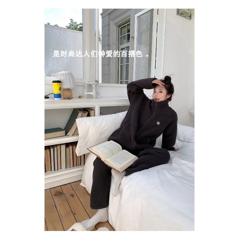 11 Thickened Couple Pajamas Lamb Wool Loungewear Women's Winter Thermal Stand-up Collar Zipper Outer Wear Set