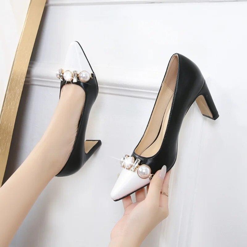 Dámské pracovní boty na vysokém podpatku kancelářská móda sexy měkké pohodlné perlové kamínky 7,5 cm podpatek WZ