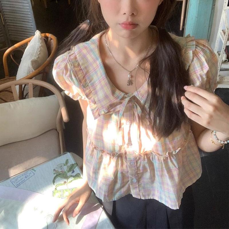 Summer Sweet Color Plaid Blouse Vintage Doll Collar Fashion Drawstring Women's Clothing Thin Casual Loose Single-breasted Shirt
